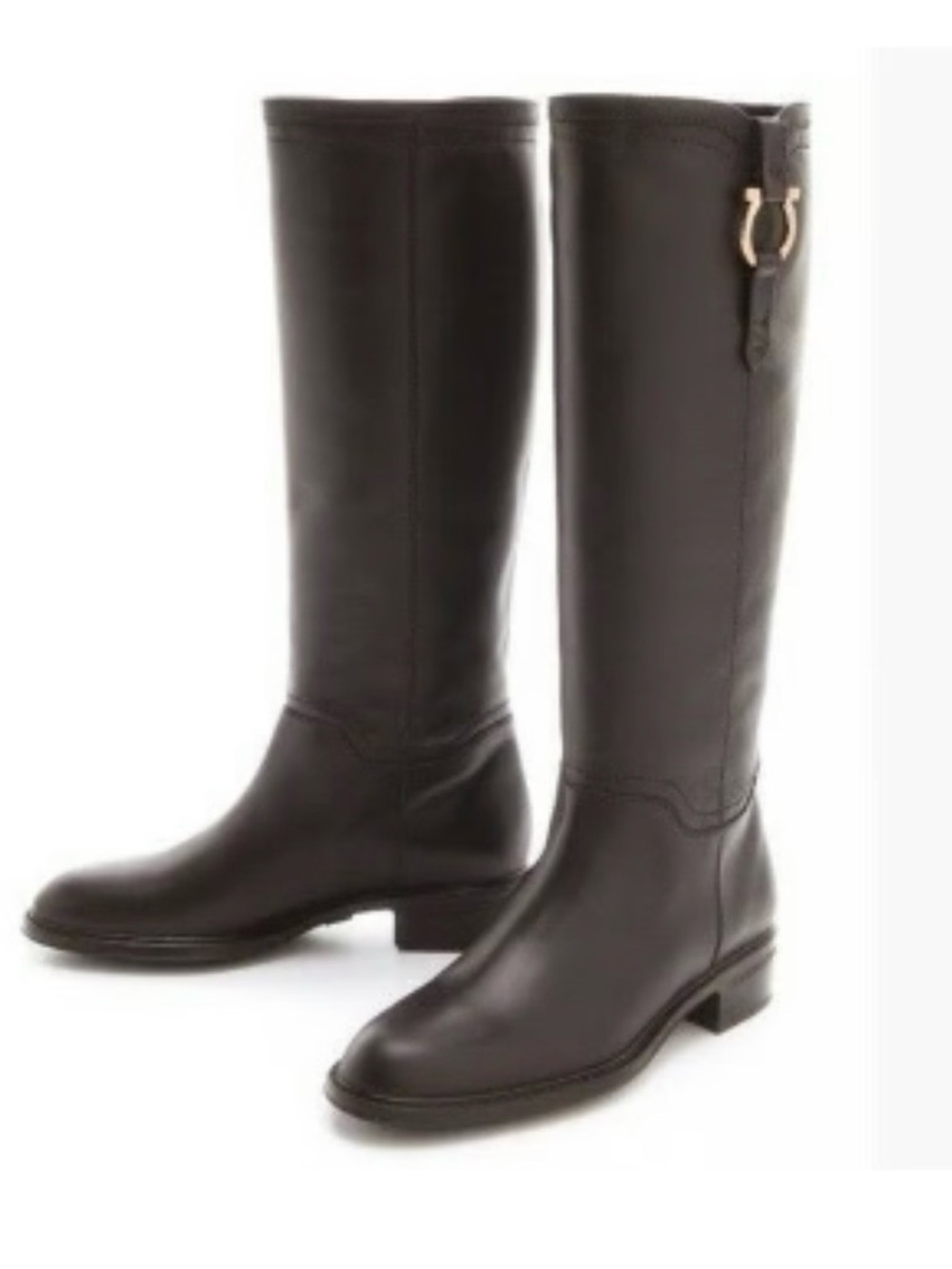 Salvatore Ferragamo Black Leather Over-The-Knee Riding Boots with Gold Hardware